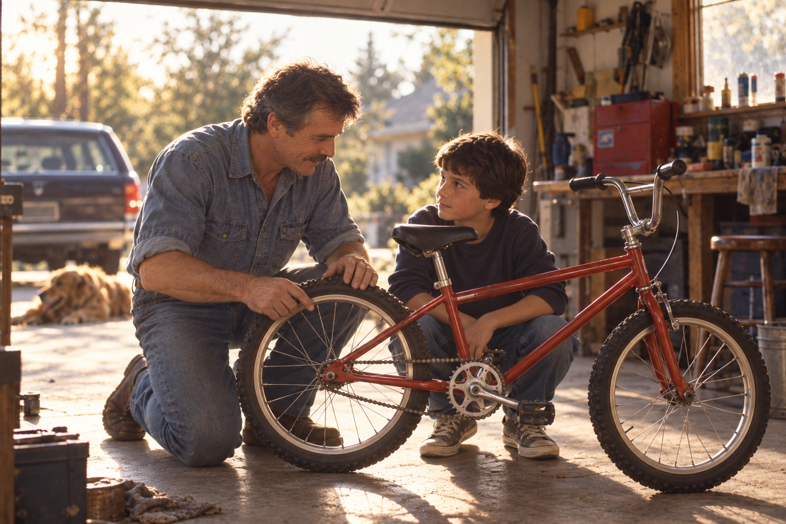 A father and young son repairing a red bicycle together in the garage