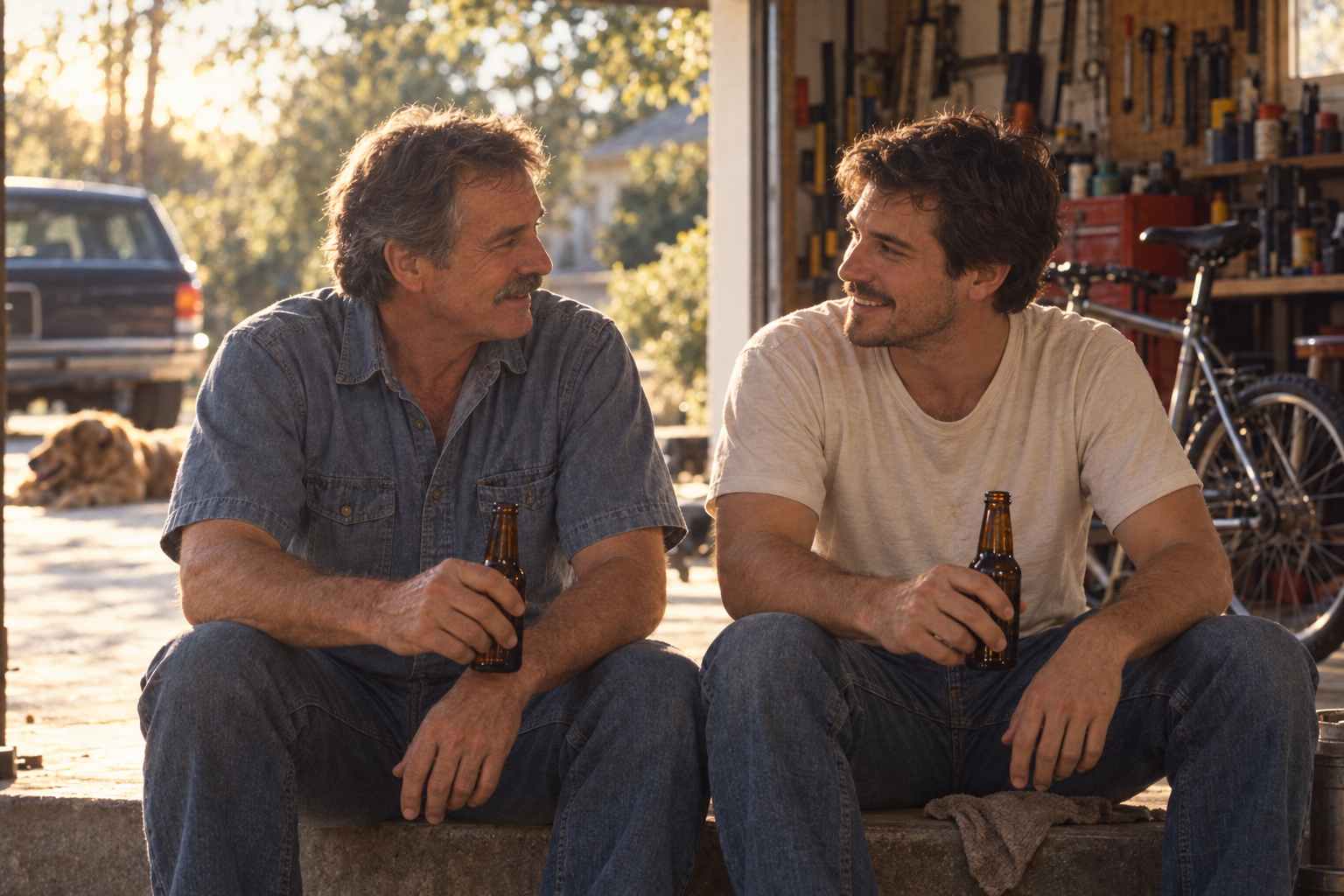 A father and his adult son sharing a drink outside the garage