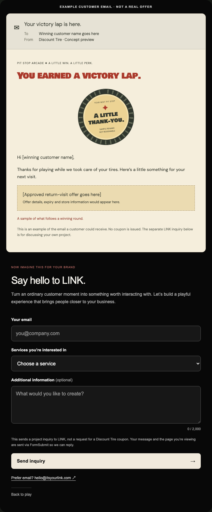 Prefilled example winner’s email, round sample reward and a separate LINK project contact section
